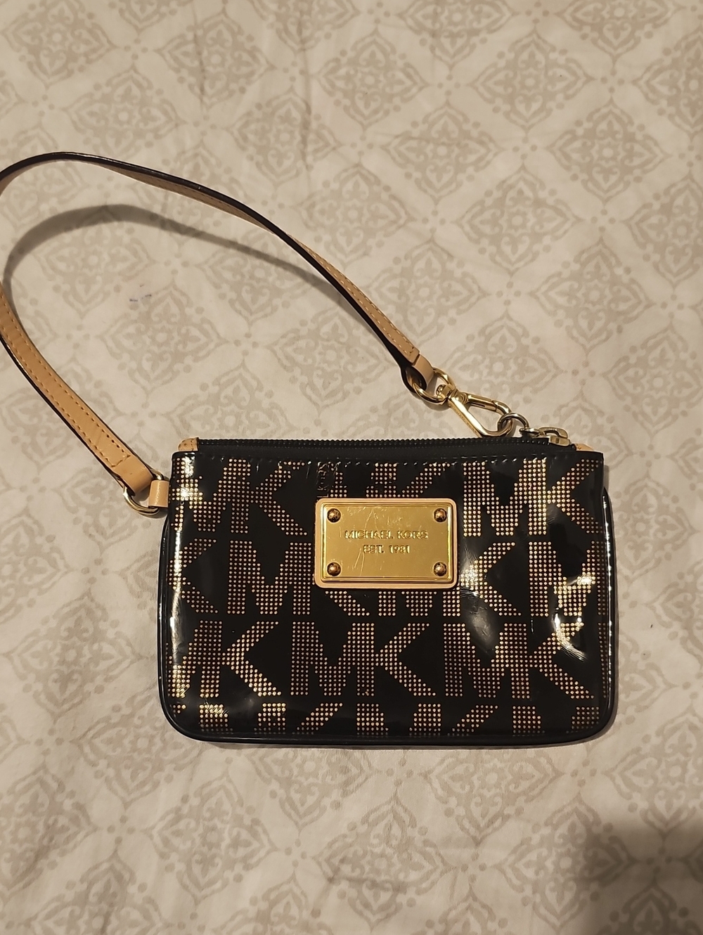 Michael Kors Black Patent MK Logo Wristlet with Gold Plate and Tan Strap